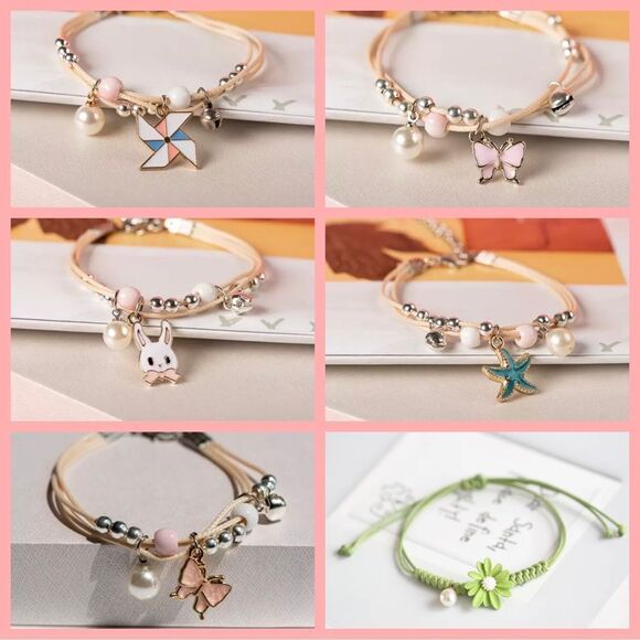 2 ADJUSTABLE BEADED, GLAZED CHARM, CORDED BRACELETS - Picture 1 of 7